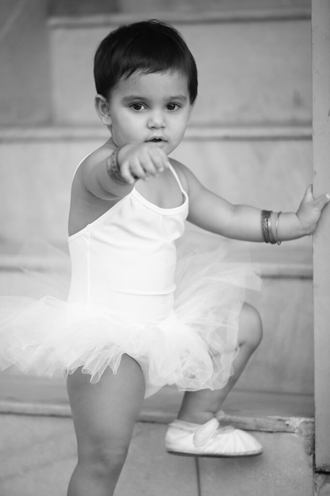 Black and white kids photography Auckland session of little girl in tutu dress