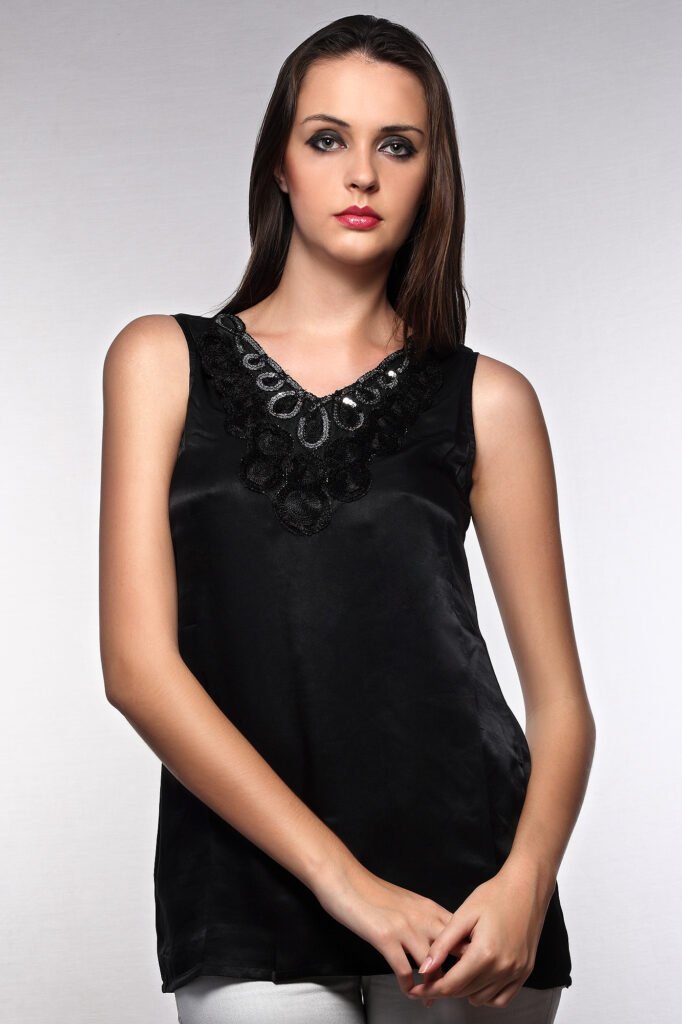 Ecommerce fashion photography Auckland of model in black satin top