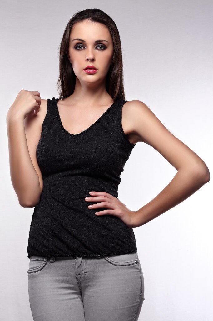 Commercial apparel shoot Auckland of model in black sleeveless top