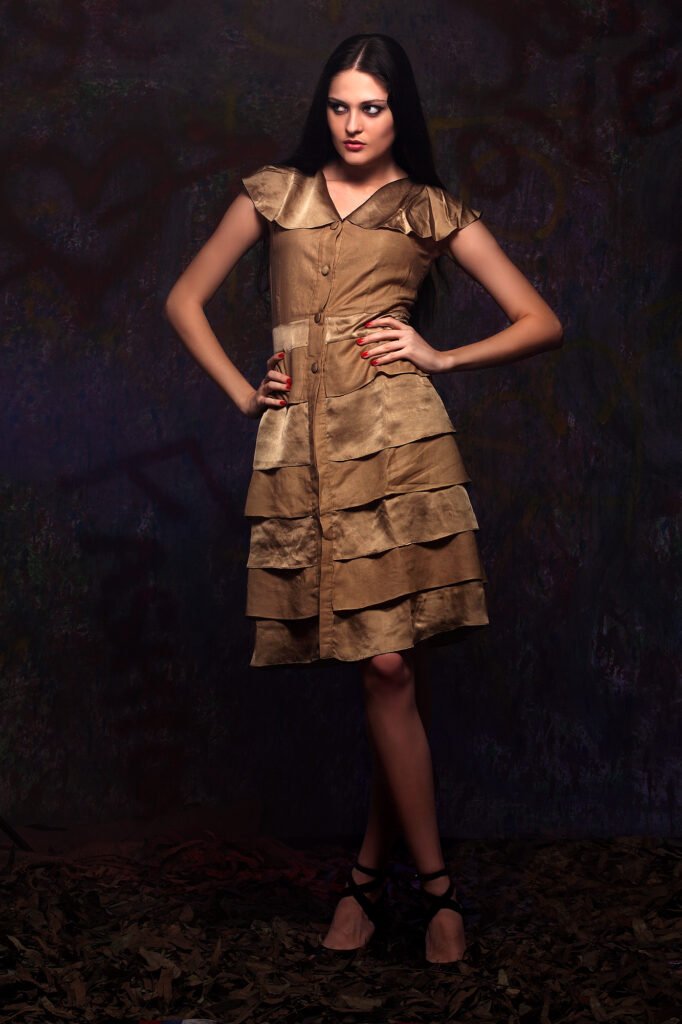 Fashion portfolio photography Auckland of female model in gold dress